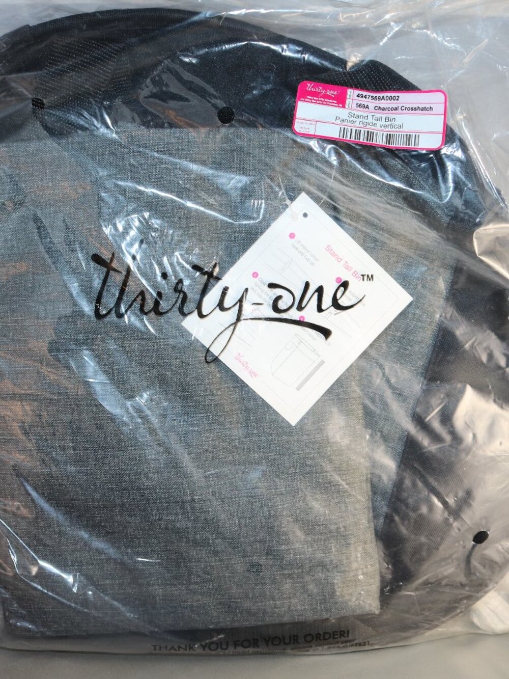 Thirty-One Stand Tall Bin Charcoal Crosshatch NIP 569A never used hamper/storage